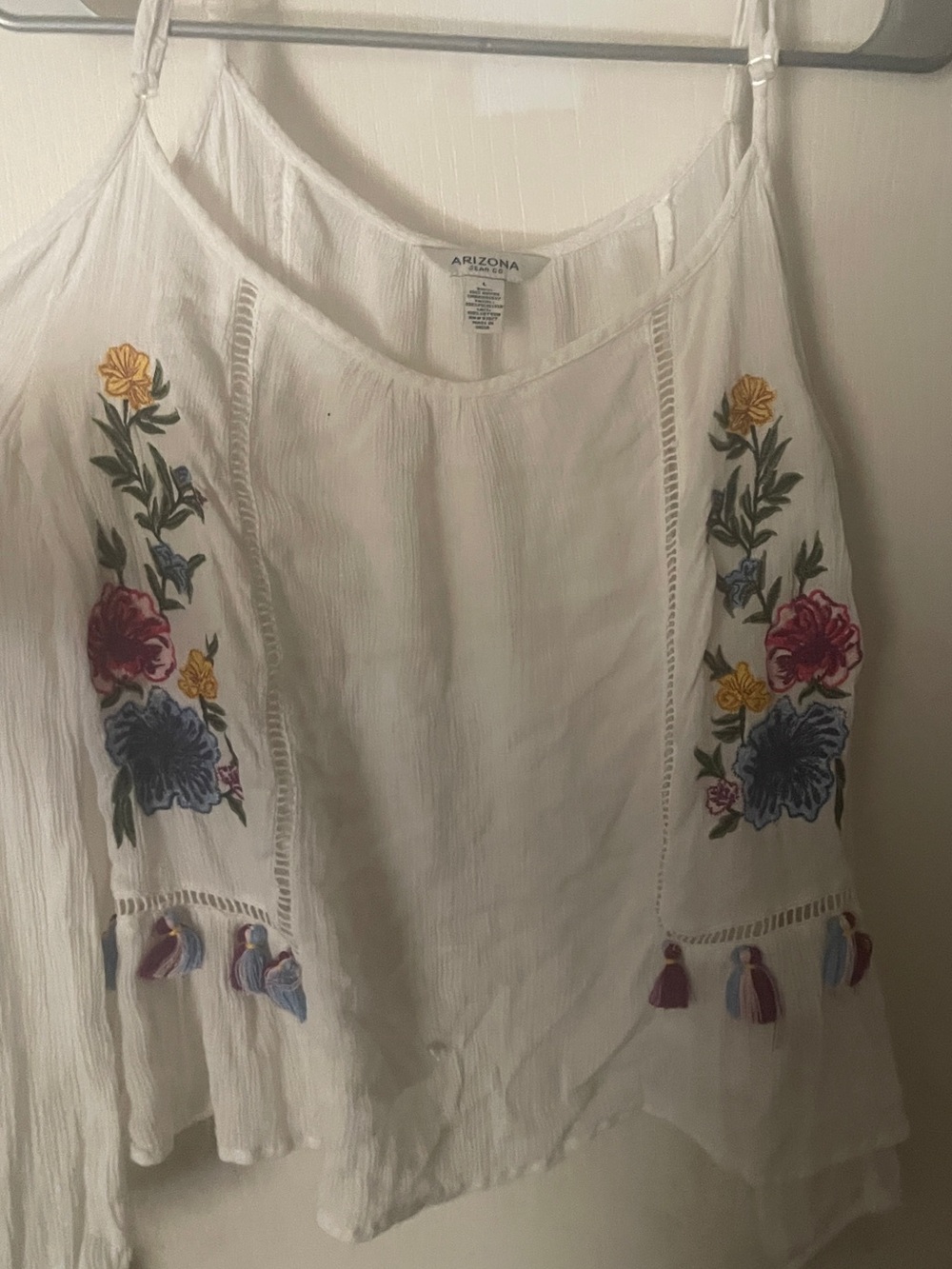 Arizona Jean Company White Embroidered Tassel Camisole
